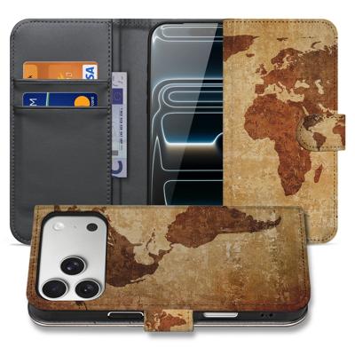 Book Case iPhone 17 Pro Max Wereldkaart Met Pasjes
