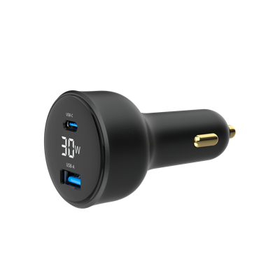 2-poorts USB-auto snellader, Type-C PD, LCD, 30 W, zwart