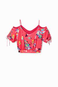 Korte aangerimpelde blouse met bloemen - RED - XS