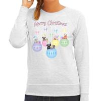 Foute Kersttrui/sweater voor dames - kerstballen - grijs/pastel - kerstpoesjes - Merry Christmas