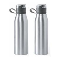 Waterfles / drinkfles / bidon / sportfles - 2x - Aluminium - metallic zilver - schroefdop - 700 ml