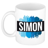 Naam cadeau mok / beker Simon met blauwe verfstrepen 300 ml   -
