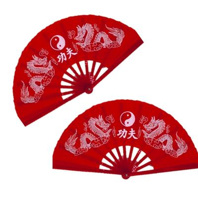 Handwaaier tai chi - 2x stuks - yin yang en draken - rood - 65 x 35 cm - polyester/kunststof