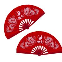 Handwaaier tai chi - 2x stuks - yin yang en draken - rood - 65 x 35 cm - polyester/kunststof