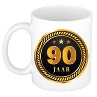 90 jaar jubileum/ verjaardag cadeau beker met zwart/ gouden medaille - feest mokken - thumbnail