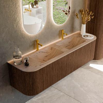 Badmeubel Mondiaz Kurve-Dlux | 170 cm | Meubelkleur Walnut | Wastafelkleur Arena | Solid surface | Wasbak beide zijden spoelbak | 2 kraangaten