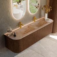 Badmeubel Mondiaz Kurve-Dlux | 170 cm | Meubelkleur Walnut | Wastafelkleur Arena | Solid surface | Wasbak beide zijden spoelbak | 2 kraangaten