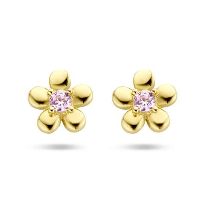 Oorknoppen Bloem geelgoud-zirconia roze 4,5 mm