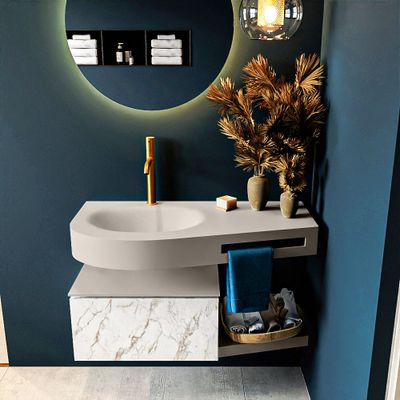 MONDIAZ RIVA 100cm badmeubel onderkast / planchet kleur carrara met 1 lade. Wastafel DULCET links 1 kraangat kleur Linen. MONDIAZ RIVA 100cm badmeubel onderkast / planchet kleur carrara met 1 lade. Wastafel DULCET links 1 kraangat kleur Linen.