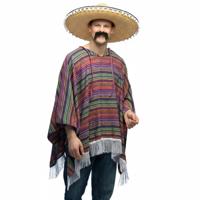 Carnaval verkleed setje - Mexicaanse poncho - Sombrero hoed - en plaksnor - gekleurd - voor heren