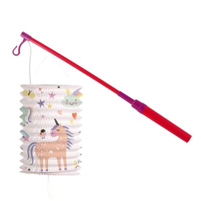 Trek lampion eenhoorns - meerkleurig - H16 cm - papier - met lampionstokje - 40 cm