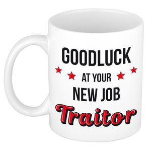 Goodluck traitor nieuwe baan kado mok / beker wit en zwart - afscheidscadeau collega   -