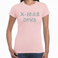 Kerst T-shirt voor dames - x-mas diva - roze - zilveren glitters - kerstkleding - thumbnail