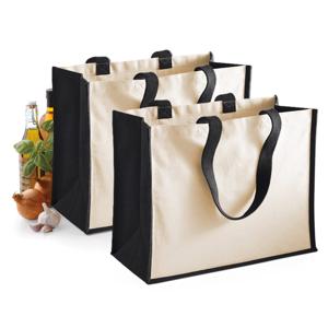 Jute katoenen boodschappentas - 2x - zwart/natural - 44 x 33 x 19 cm - 20 liter - draagtas