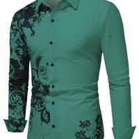 Bon&Bon LEGND Men's Yellow Floral Print Long Sleeve Casual Shirt Dusty Blue / M