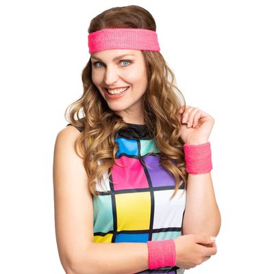 Foute 80s/90s party verkleed accessoire zweetbandjes set - neon roze- jaren 80/90 thema feestje