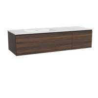 Storke Edge zwevend badmeubel 150 x 52 cm notenhout met Mata asymmetrisch linkse wastafel in solid surface mat wit