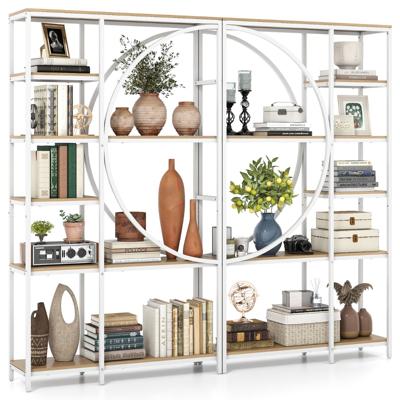 (Set van 2）6-laags Boekenkast Industriële Kantoorrekken met Open Planken Metalen Frame met Verticale Planken- Naturel