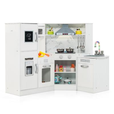 Kinderkeuken voor Kinderen 3+ Hout Speelkeuken met Licht en Geluid Houten Keuken Hoek met Bord Incl. Accessoires (Wit)