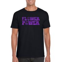 Zwart Flower Power t-shirt peace tekens met paarse letters heren - thumbnail