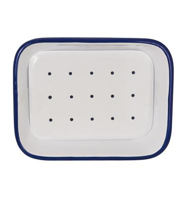 Zeepbakje email met uitlekschaaltje wit/blauw