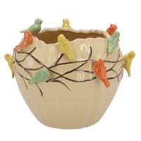 Bloempot/plantenpot Spring birds - zandkleurig - keramiek - D19 x H15 cm