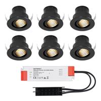 Set van 6 Medina LED Mini Inbouwspots met Trafo - 12 Volt 3 Watt 150 lumen - Kantelbaar - Verzonken - Plat 35mm - 2700K - IP44 waterdicht - Zwart