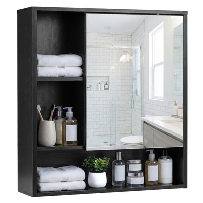 Spiegelkast Wandgemonteerde Badkamerkast Ruimtebesparende Houten Wandkast-Zwart