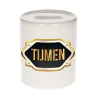 Spaarpot met voornaam Tijmen - wit - goud/zwart embleem - 8 x 9 cm - keramiek - afsluitdop
