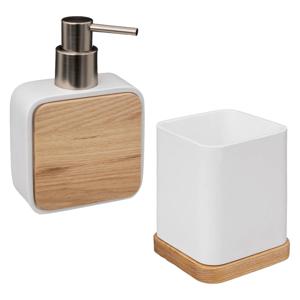 Badkamer/toilet accessoires set - tandenborstelhouder en zeeppompje - wit - bamboe - 200 ml - Badkameraccessoireset