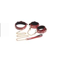 6-delige bordeaux bondage set met cuffs, halsband en riem - thumbnail