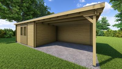 Classicline Blokhut Friesland vuren groen geïmpregneerd 400x300 cm + overkapping 400 cm- Lessenaarsdak- - Van Kooten