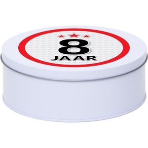 Cadeau/kado wit rond blik 8 jaar 18 cm