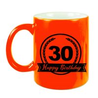 Happy Birthday 30 years met wimpel cadeau mok / beker neon oranje 330 ml - verjaardagscadeau - feest mokken - thumbnail