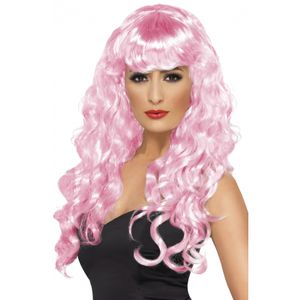 Roze damespruik lang haar   -