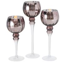 Luxe glazen design kaarsenhouders/windlichten set van 3x stuks metallic shiny taupe 30-40 cm - thumbnail