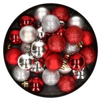 28x stuks kunststof kerstballen rood en zilver mix 3 cm