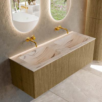 Badmeubel Mondiaz Kurve-Dlux | 130 cm | Meubelkleur Dusk | Wastafelkleur Nata | Solid surface | Wasbak beide zijden spoelbak | Zonder kraangat(en)
