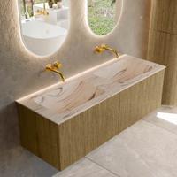 Badmeubel Mondiaz Kurve-Dlux | 130 cm | Meubelkleur Dusk | Wastafelkleur Nata | Solid surface | Wasbak beide zijden spoelbak | Zonder kraangat(en)