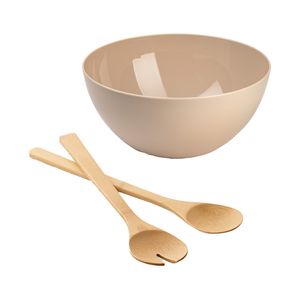 Salade/fruit serveer schaal - beige - kunststof - Dia 28 cm - incl. bamboe Sla couvert/bestek