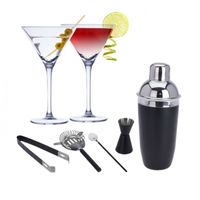 Set van 4x Martini cocktailglazen met zwarte 5-delige cocktailshaker set RVS - thumbnail