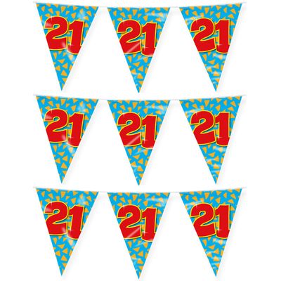 Verjaardag 21 jaar thema vlaggetjes - 3x - feestversiering - 10m - folie - dubbelzijdig