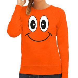 Bellatio Decorations Koningsdag sweater voor dames - smiley - oranje - feestkleding 2XL  -