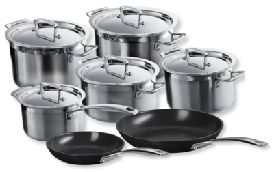 Le Creuset Pannenset Magnetik - Triply RVS - Inductie + Koekenpannenset Essential Non-stick Ceramic - ø 24 en 28 cm - 7 Delig