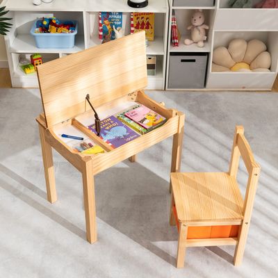Kindertafel en Stoelenset Opklapbaar Bureau met Stoel Massief Houten Activiteitentafelset met Veiligheidsscharnier Uittrekbare Lade Natuur