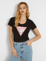 Guess Satin Triangle T-Shirt Dames Zwart - Maat XS - Kleur: Zwart | Soccerfanshop - thumbnail