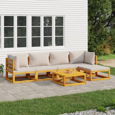 6-delige Loungeset met lichtgrijze kussens massief hout