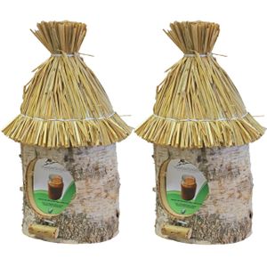 2x stuks vogelhuisje/voederhuisje/pindakaashuisje berkenhout met stro dak 36 cm