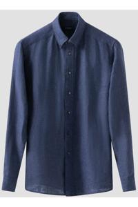 ETON Slim Fit Linnen Overhemd donkerblauw, Effen