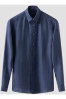 ETON Slim Fit Linnen Overhemd donkerblauw, Effen - thumbnail